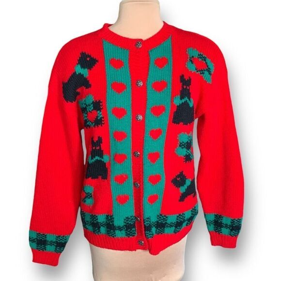 Vintage 90s Cropped Knit Cardigan Sweater Bright Cherry Red Scottie Dog Plaid - Picture 11 of 11